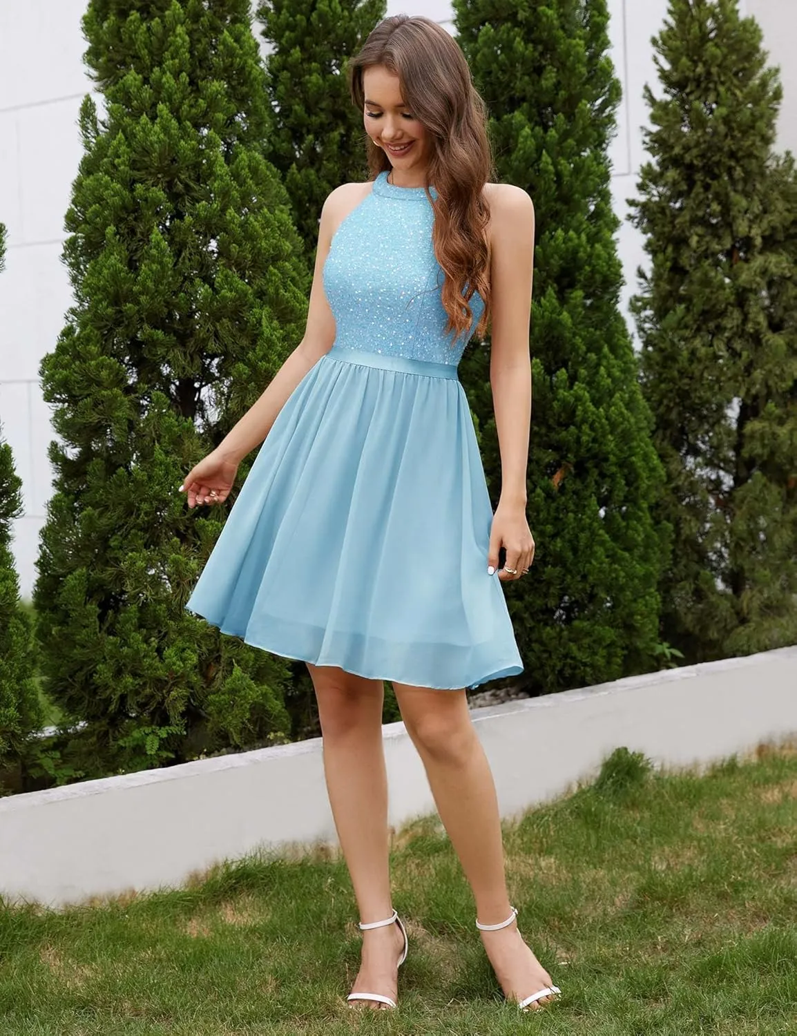 Dressystar Women's Short Halter Cocktail Party Dress Lace Tulle Prom Gown