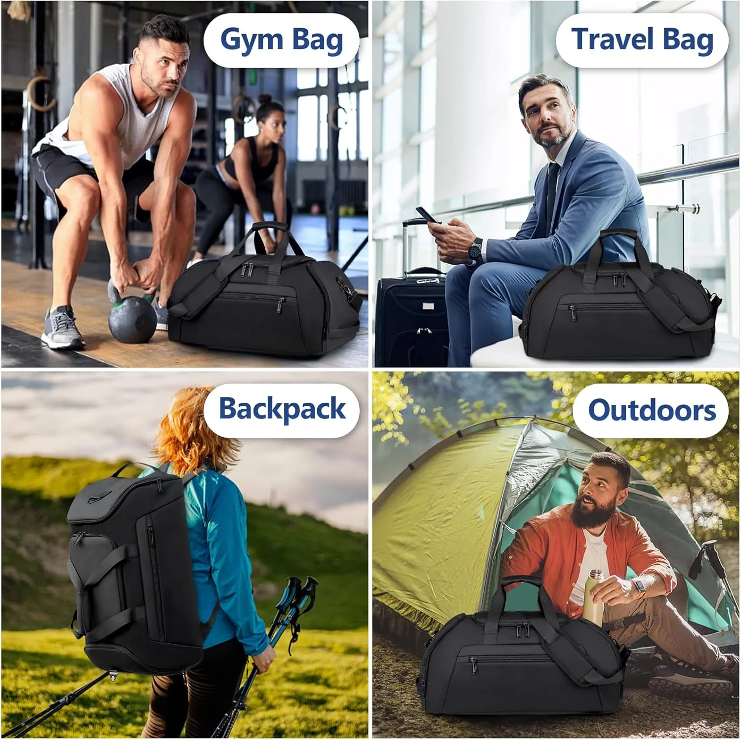 Duffle Bag for Travel Gym Bag with Wet & Shoe Compartment Overnight Bag Weekender Bag Waterproof Sports Gym Backpack for Men & Women Travel Workout Essentials (Black)