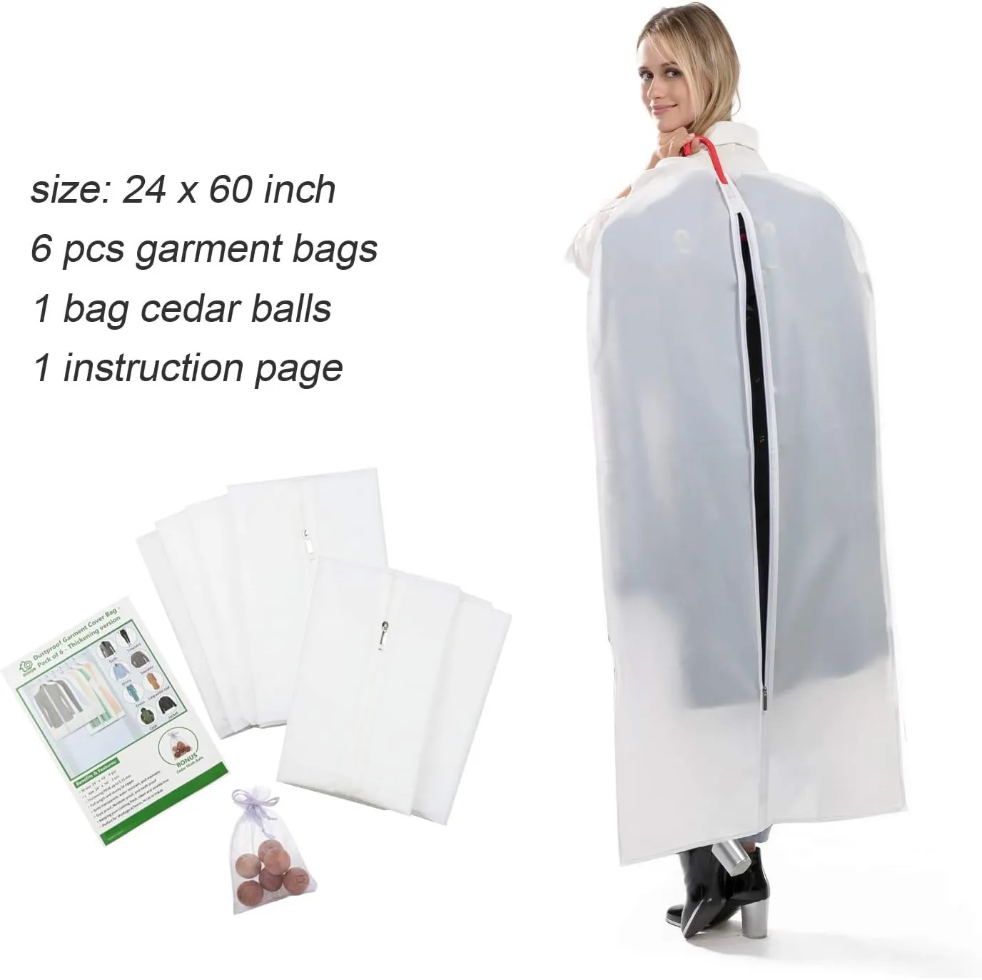 dust proof clothing bags - pack of 6 pcs 60 inch large hanging garment bags and cedar balls, for coat, long dress, gowns, and dance costumes