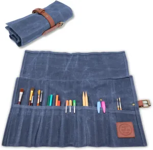 Earth & Fiber Co. Compact Waxed Canvas Paint Brush Holder - Portable Art Bag for Painting & Drawing - Art Supplies Organizer - Storage Roll Bag for Artists (blue)