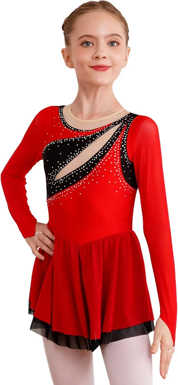 easyforever Kids Girls Sparkly Rhinestone Long Sleeve Figure Ice Skating Dress Ballet Modern Lyrical Dance Costume