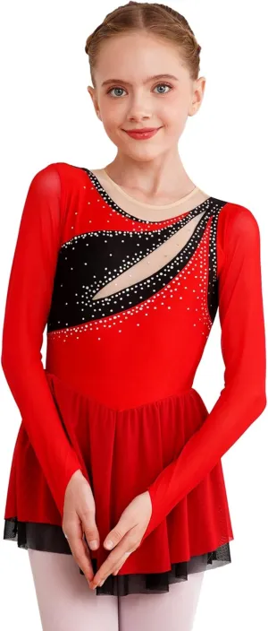easyforever Kids Girls Sparkly Rhinestone Long Sleeve Figure Ice Skating Dress Ballet Modern Lyrical Dance Costume