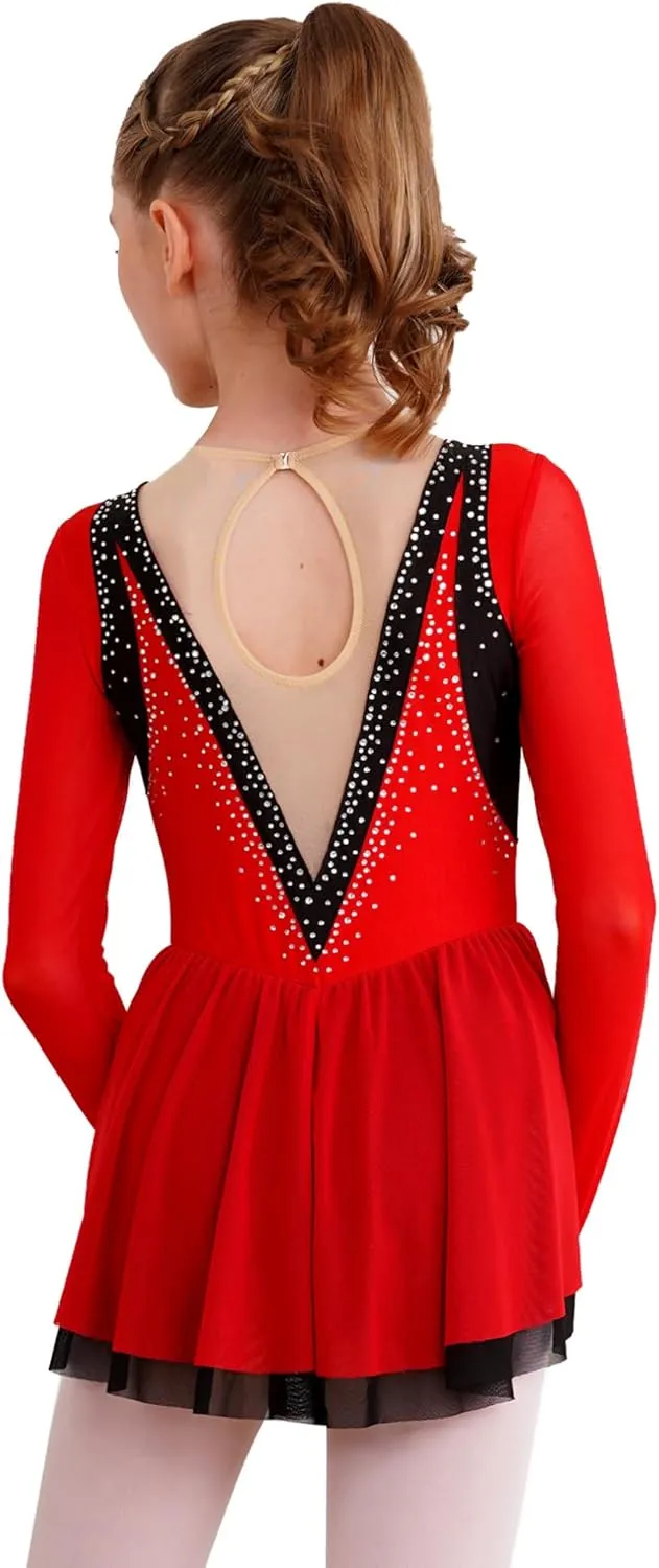 easyforever Kids Girls Sparkly Rhinestone Long Sleeve Figure Ice Skating Dress Ballet Modern Lyrical Dance Costume