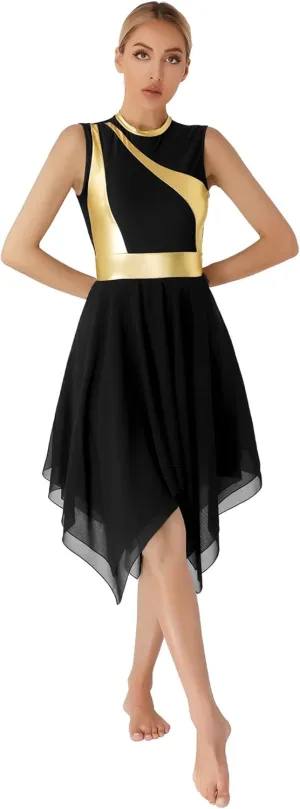 easyforever Womens Lyrical Liturgical Praise Dance Dress Gold Color Block Metallic Irregular Worship Costume
