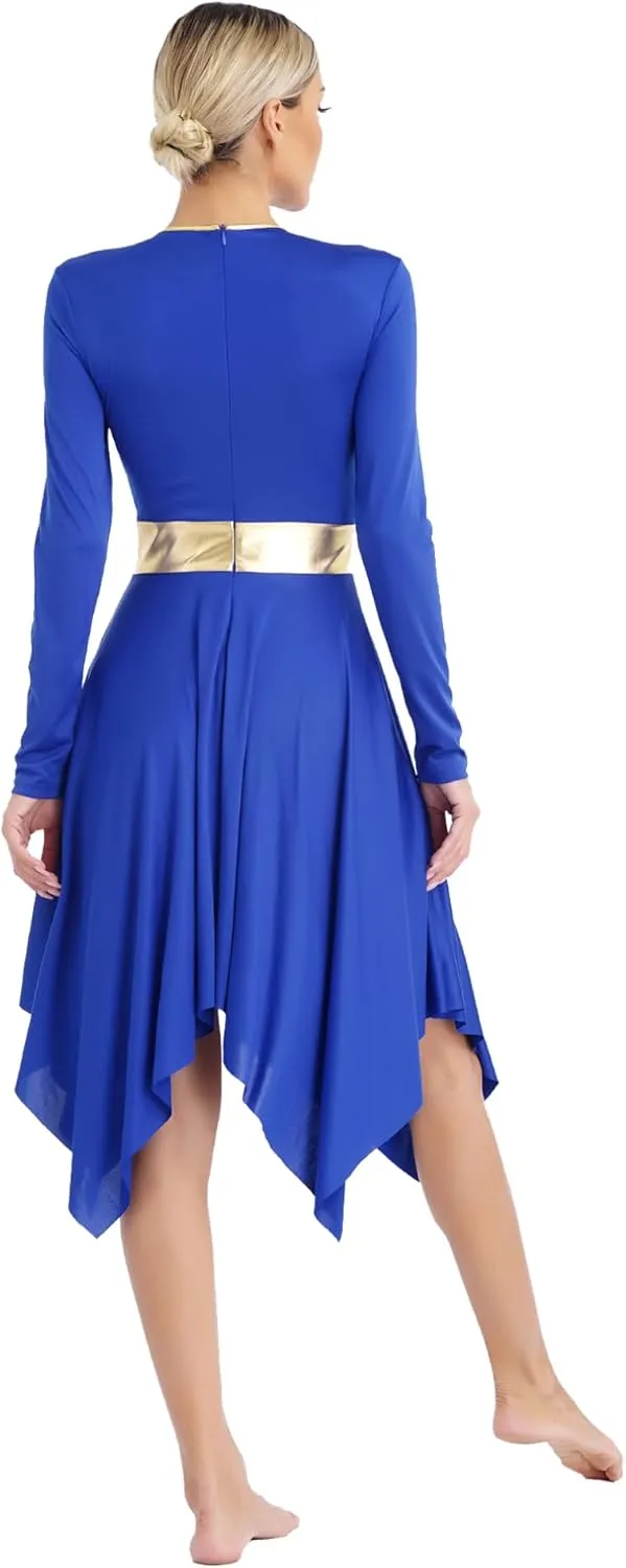 easyforever Womens Lyrical Liturgical Praise Dance Dress Gold Color Block Metallic Irregular Worship Costume