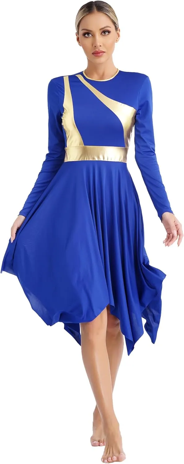 easyforever Womens Lyrical Liturgical Praise Dance Dress Gold Color Block Metallic Irregular Worship Costume