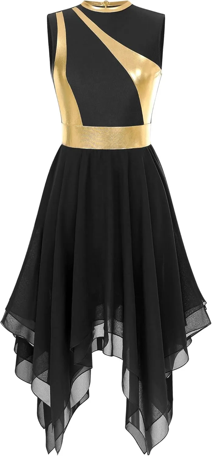 easyforever Womens Lyrical Liturgical Praise Dance Dress Gold Color Block Metallic Irregular Worship Costume