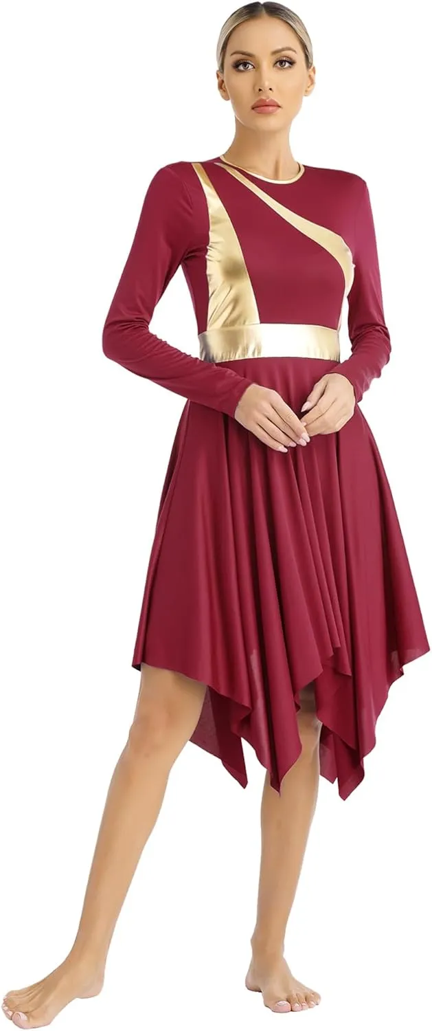 easyforever Womens Lyrical Liturgical Praise Dance Dress Gold Color Block Metallic Irregular Worship Costume