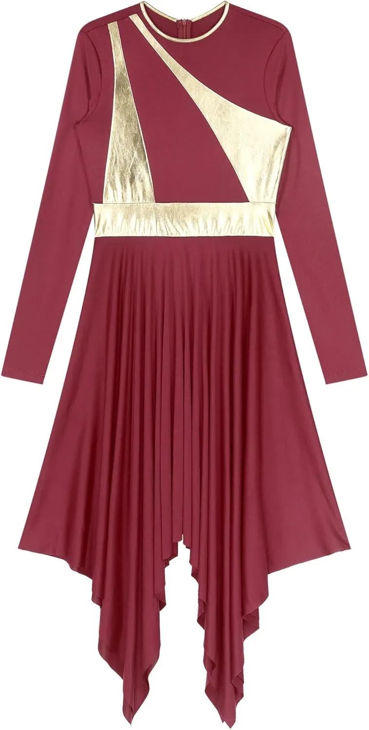 easyforever Womens Lyrical Liturgical Praise Dance Dress Gold Color Block Metallic Irregular Worship Costume