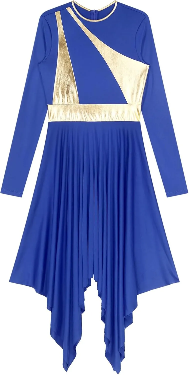 easyforever Womens Lyrical Liturgical Praise Dance Dress Gold Color Block Metallic Irregular Worship Costume