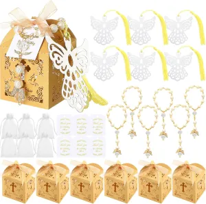 Ecation 100 Pieces Baptism Favors Set Bulk Baptism Gifts Include 20 Mini Rosary 20 Angel Bookmarks 20 Baptism Boxes 20 Organza Bags 20 Thank You Tags for First Communion Baby Shower Favors(Gold)