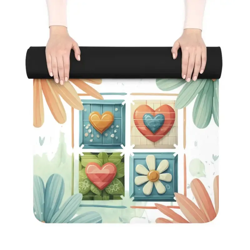 Eco Rubber Yoga Mat with Hearts and Flowers