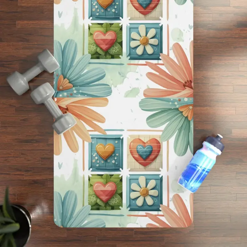 Eco Rubber Yoga Mat with Hearts and Flowers