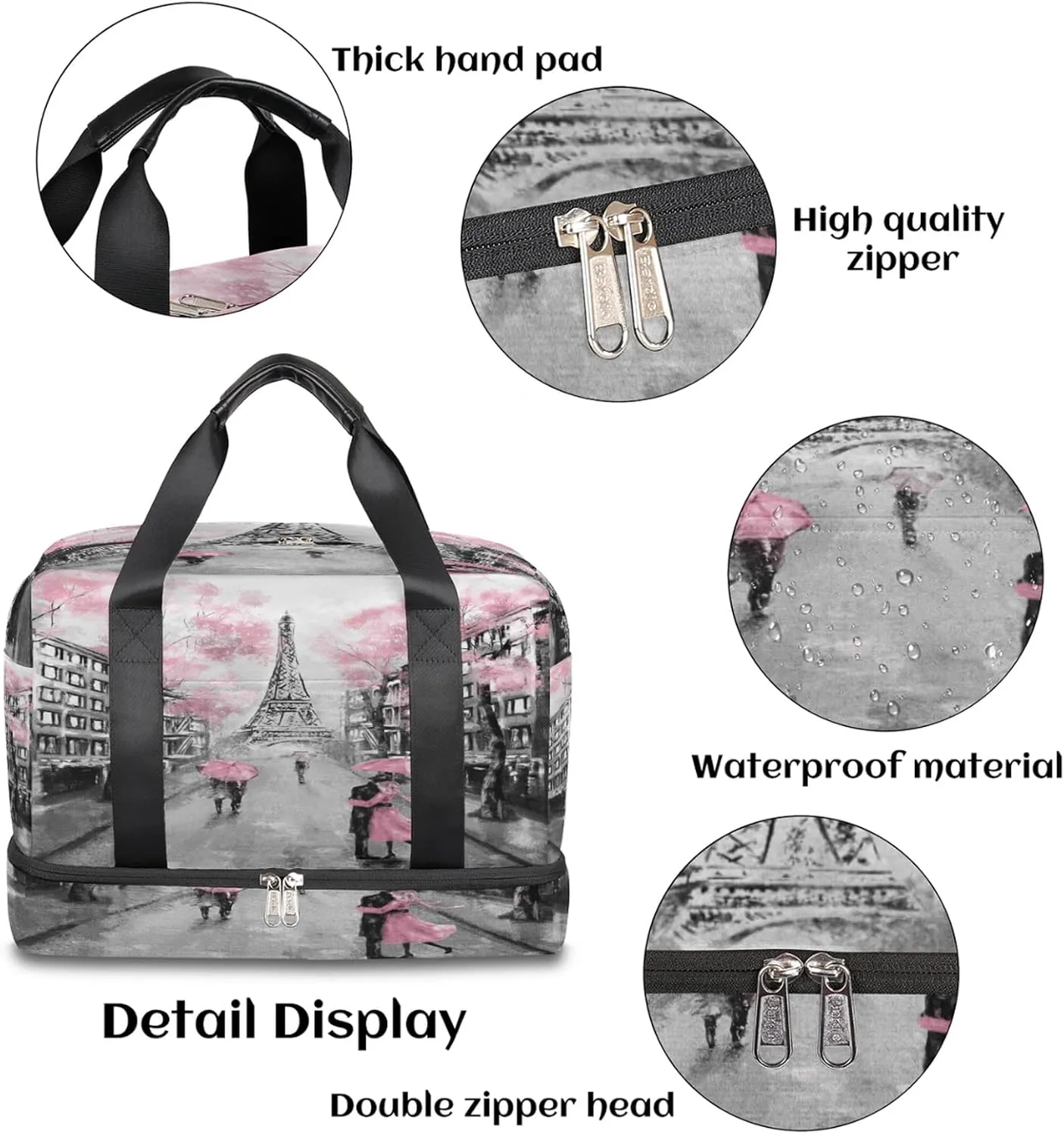 Eiffel Tower Paris Flower Sports Gym Bag with Shoes Compartment,Romantic France Valentines Day Travel Duffel Bag for Men Women Boys Girls Teens Overnight Weekend Yoga Workout Bag Training Handbag