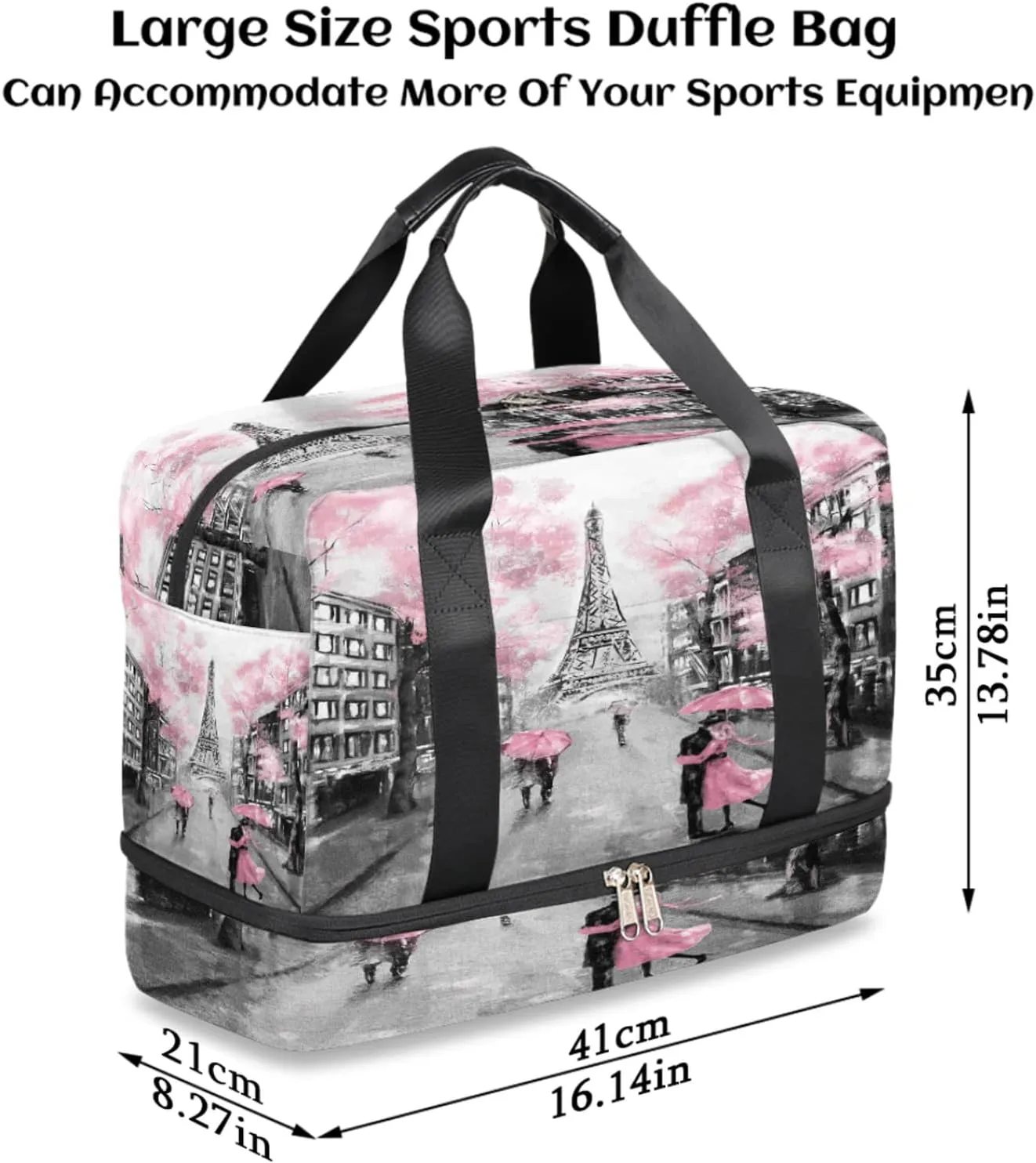 Eiffel Tower Paris Flower Sports Gym Bag with Shoes Compartment,Romantic France Valentines Day Travel Duffel Bag for Men Women Boys Girls Teens Overnight Weekend Yoga Workout Bag Training Handbag