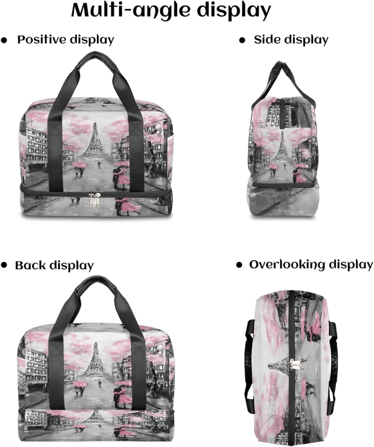 Eiffel Tower Paris Flower Sports Gym Bag with Shoes Compartment,Romantic France Valentines Day Travel Duffel Bag for Men Women Boys Girls Teens Overnight Weekend Yoga Workout Bag Training Handbag