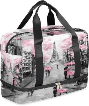 Eiffel Tower Paris Flower Sports Gym Bag with Shoes Compartment,Romantic France Valentines Day Travel Duffel Bag for Men Women Boys Girls Teens Overnight Weekend Yoga Workout Bag Training Handbag