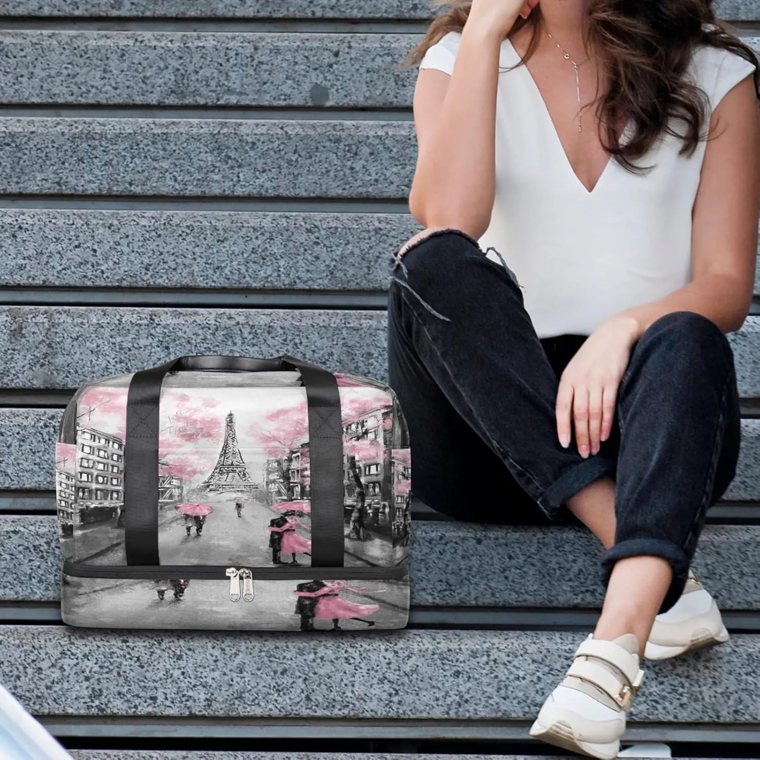 Eiffel Tower Paris Flower Sports Gym Bag with Shoes Compartment,Romantic France Valentines Day Travel Duffel Bag for Men Women Boys Girls Teens Overnight Weekend Yoga Workout Bag Training Handbag
