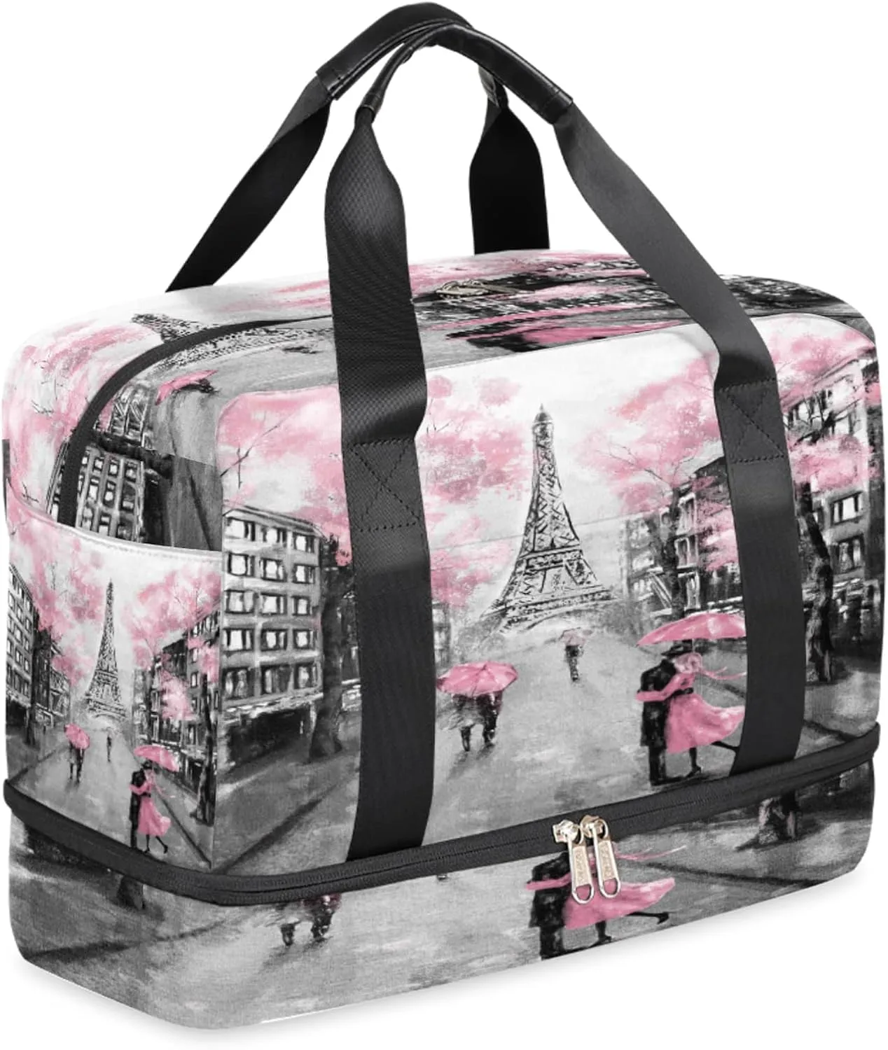Eiffel Tower Paris Flower Sports Gym Bag with Shoes Compartment,Romantic France Valentines Day Travel Duffel Bag for Men Women Boys Girls Teens Overnight Weekend Yoga Workout Bag Training Handbag