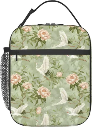 Elegant Cranes and Peonies Lunch Box for Women Men, Insulated Lunch Box, Reusable Lunch Bag for Office, Work, Picnic, Travel
