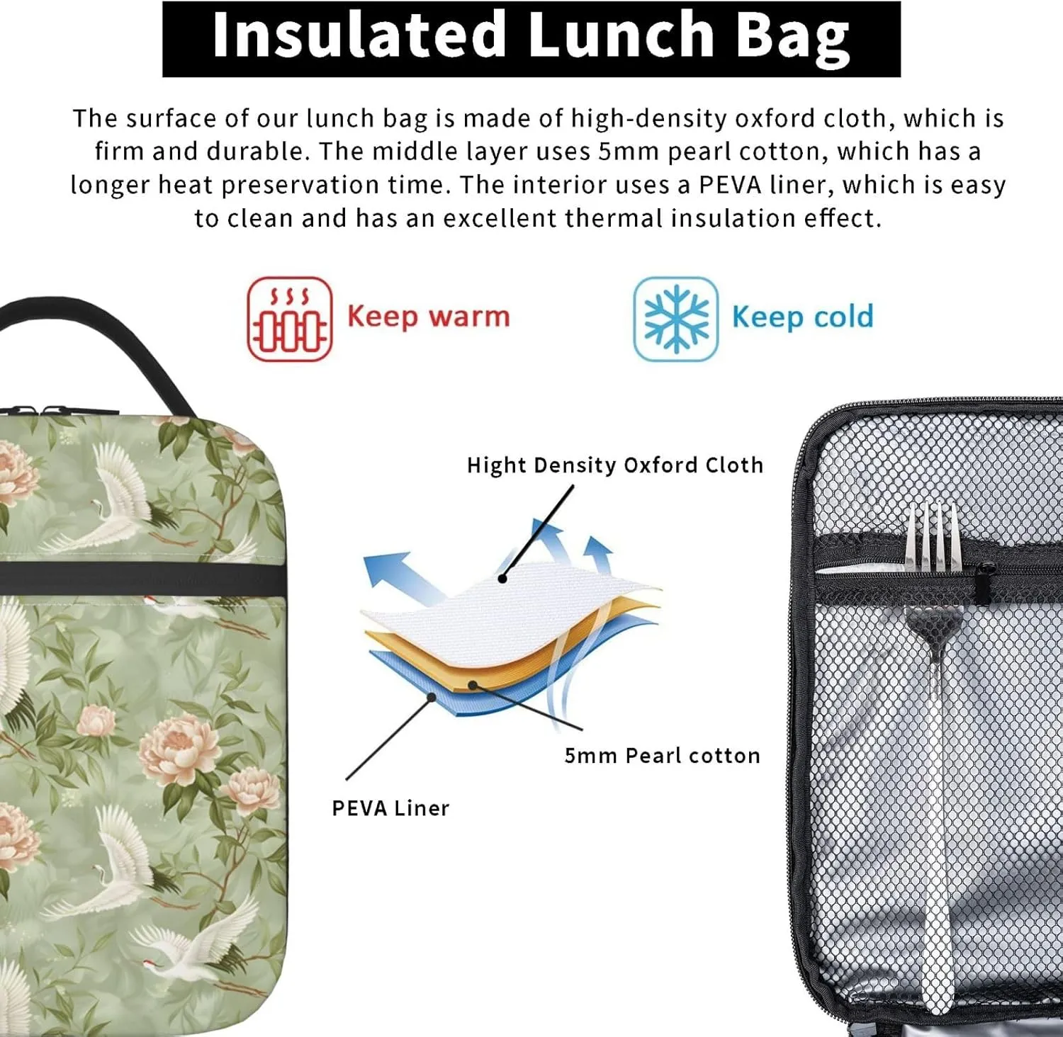 Elegant Cranes and Peonies Lunch Box for Women Men, Insulated Lunch Box, Reusable Lunch Bag for Office, Work, Picnic, Travel