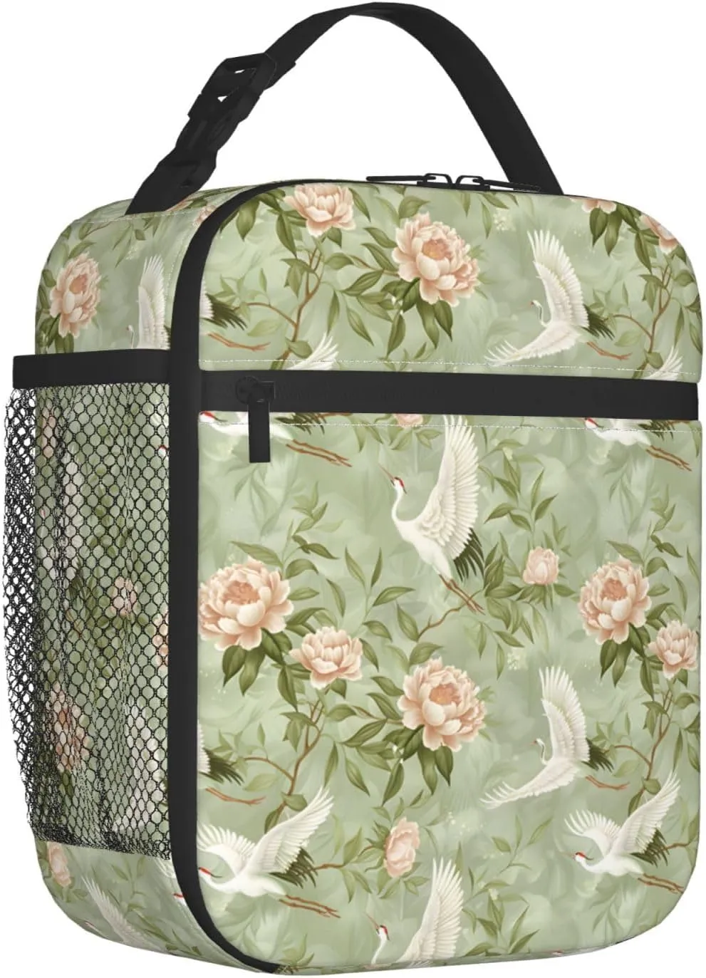 Elegant Cranes and Peonies Lunch Box for Women Men, Insulated Lunch Box, Reusable Lunch Bag for Office, Work, Picnic, Travel