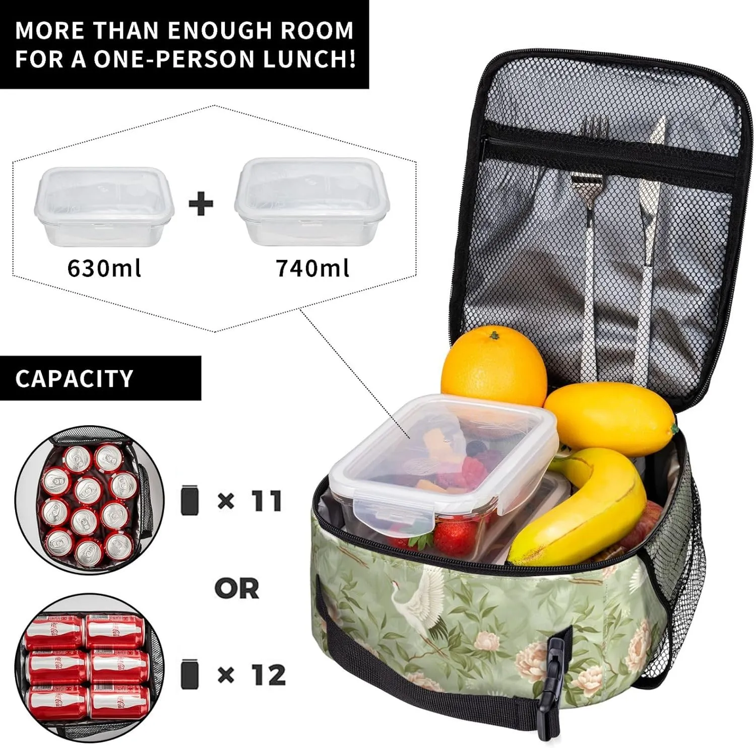 Elegant Cranes and Peonies Lunch Box for Women Men, Insulated Lunch Box, Reusable Lunch Bag for Office, Work, Picnic, Travel