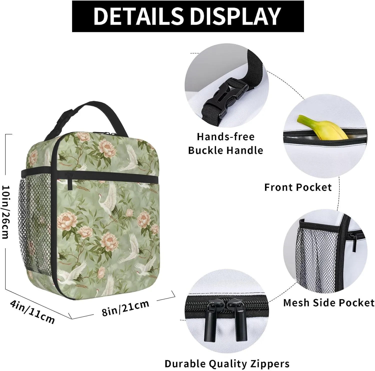 Elegant Cranes and Peonies Lunch Box for Women Men, Insulated Lunch Box, Reusable Lunch Bag for Office, Work, Picnic, Travel