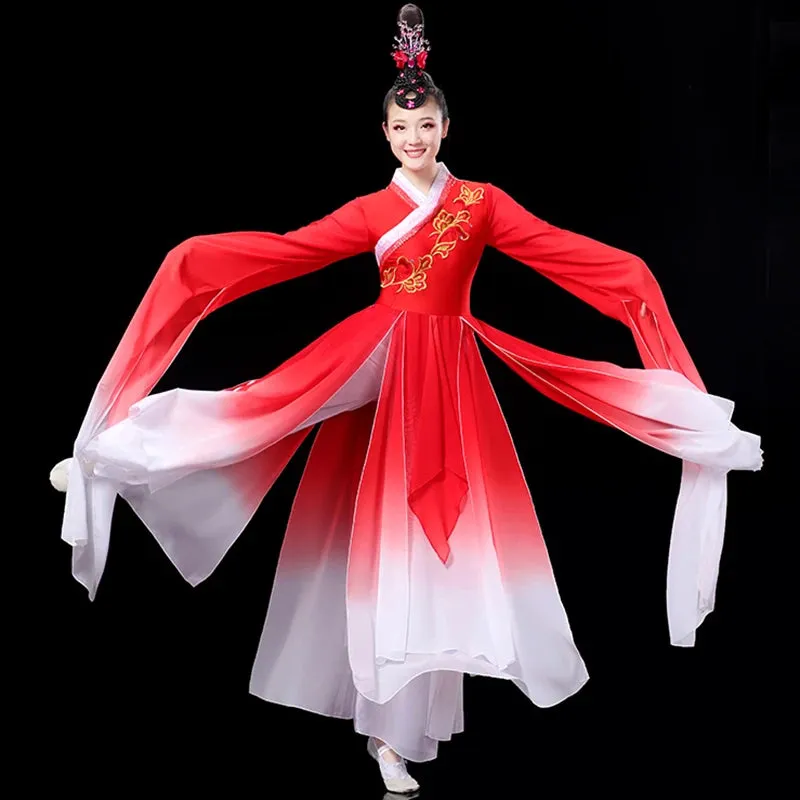 Elegant Red Classical Dance Dress with Fragrant Water Sleeves for Women