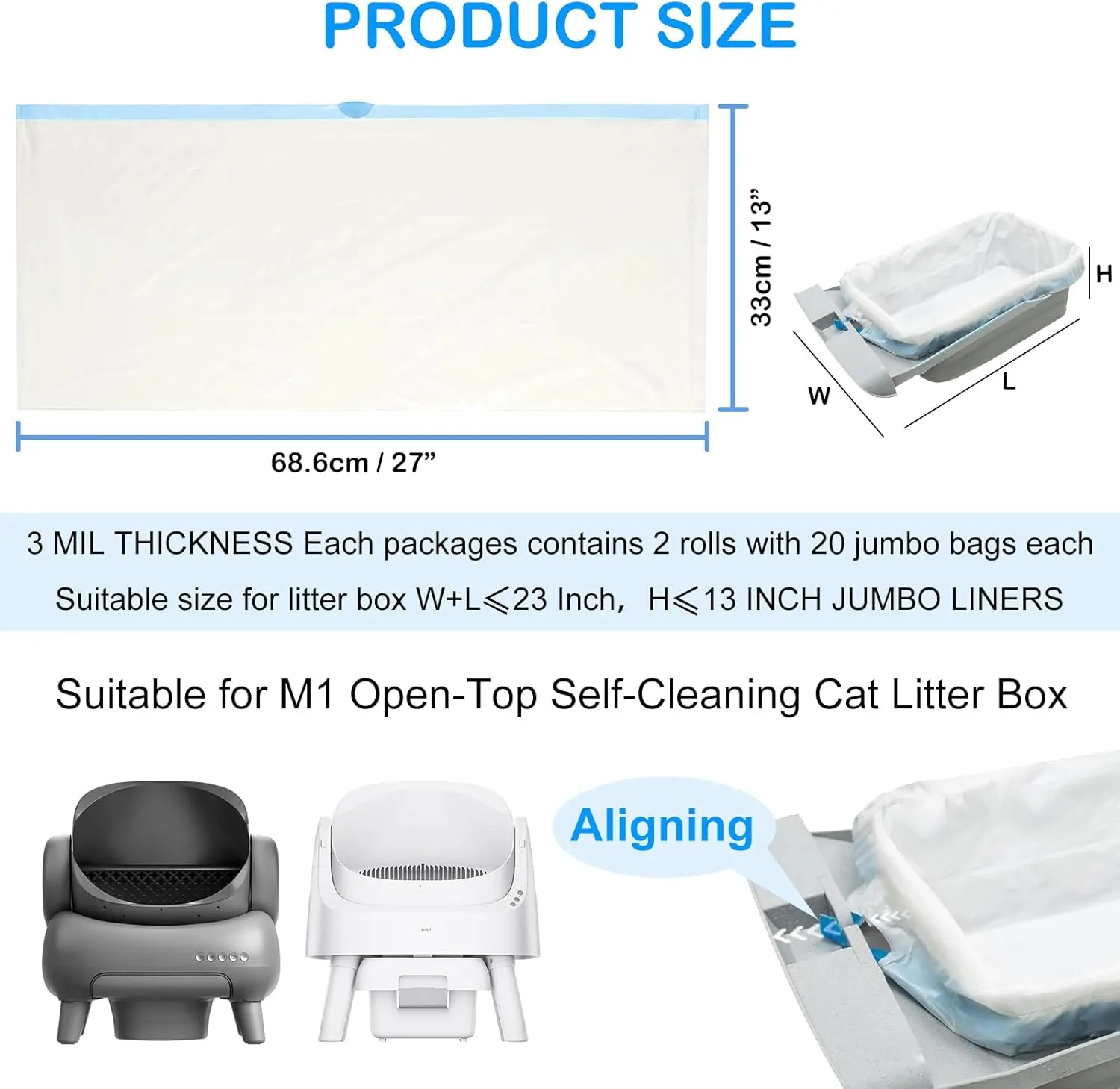 ELEGX 60 Count Litter Box Liners Bags, 3MIL Extra Thick Heavy Duty,27.1" x 12.9" Compatible with Neakasa M1, PetPivot AutoScooper 11 Open-Top Automatic Self-Cleaning Cat Litter Robot Box