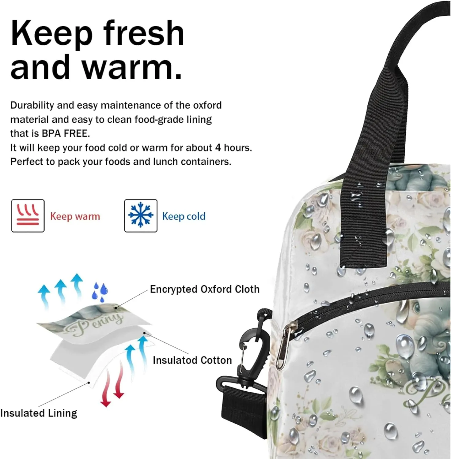 Elephant Flower Custom Lunch Bag with Name Personalized Insulated Lunch Box with Adjustable Shoulder Strap Customized Reusable Adult Cooler Lunch Tote Bag for Men Women Work Office Picnic