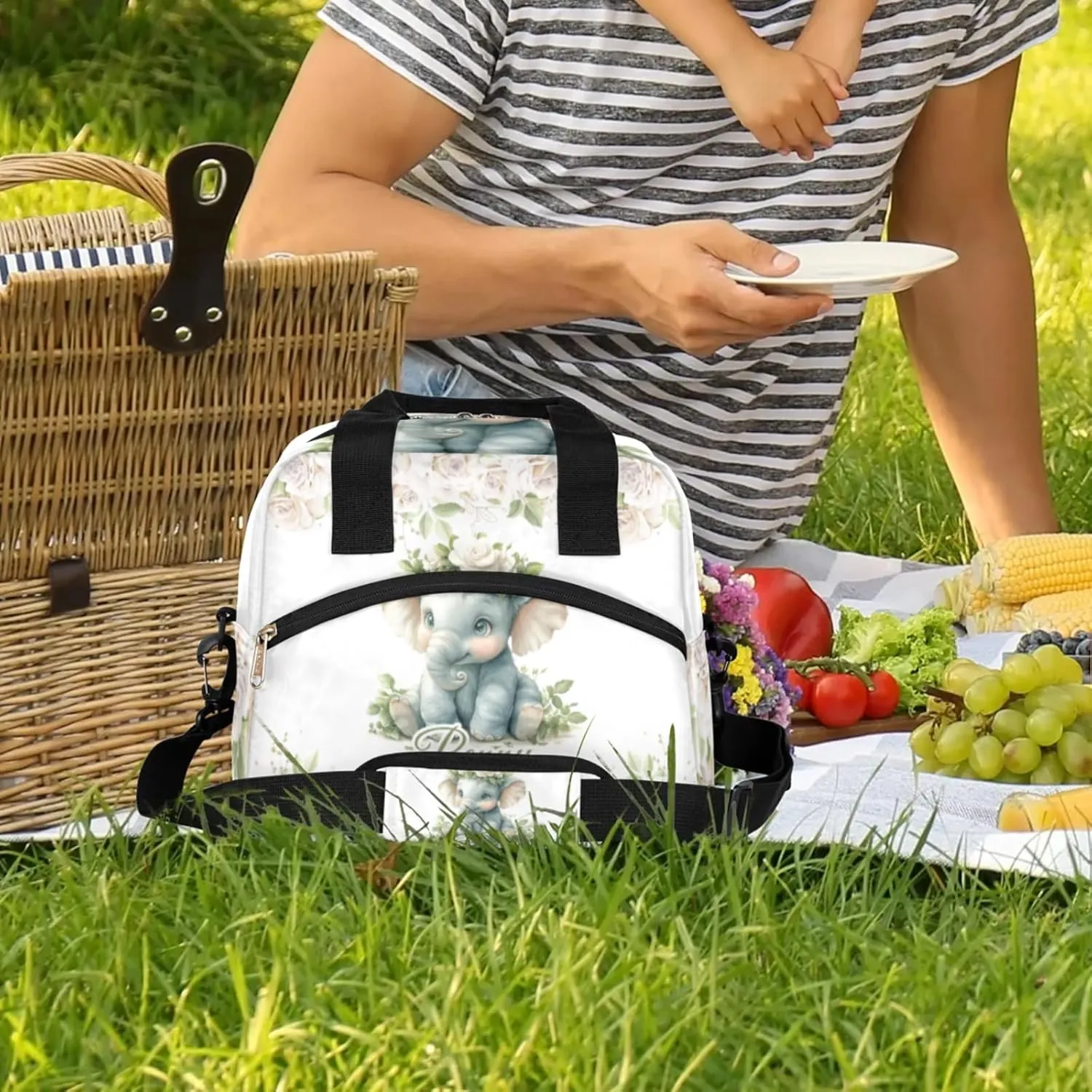 Elephant Flower Custom Lunch Bag with Name Personalized Insulated Lunch Box with Adjustable Shoulder Strap Customized Reusable Adult Cooler Lunch Tote Bag for Men Women Work Office Picnic