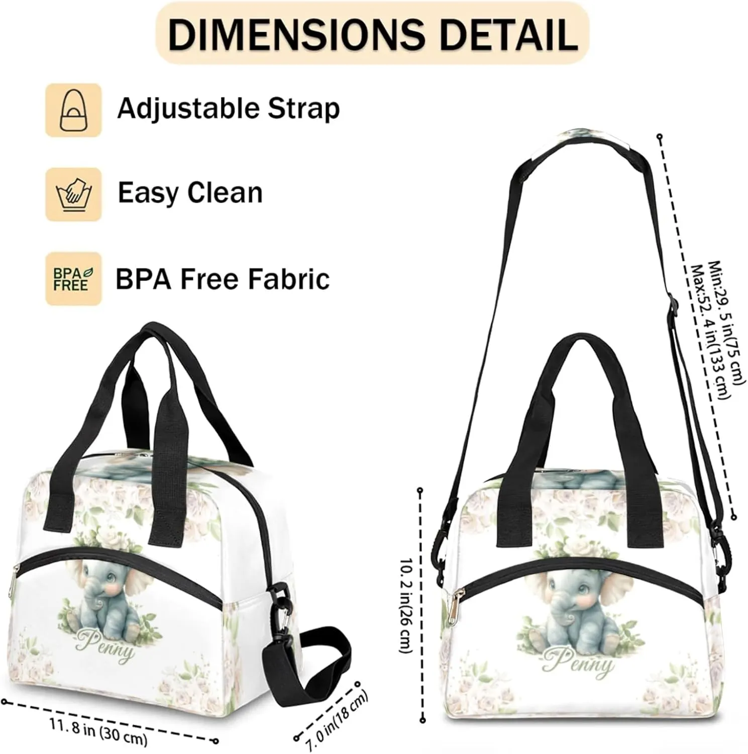Elephant Flower Custom Lunch Bag with Name Personalized Insulated Lunch Box with Adjustable Shoulder Strap Customized Reusable Adult Cooler Lunch Tote Bag for Men Women Work Office Picnic