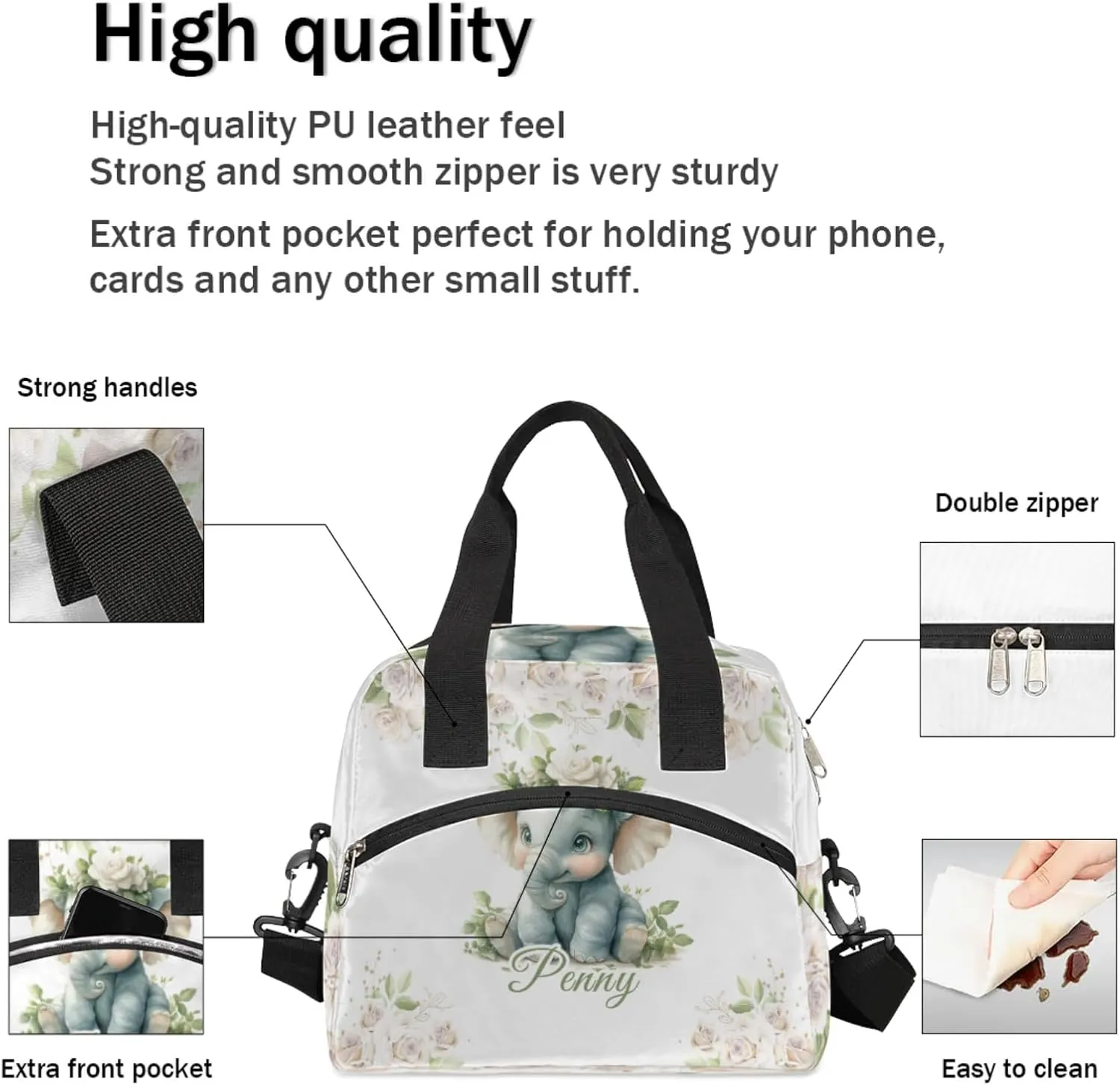 Elephant Flower Custom Lunch Bag with Name Personalized Insulated Lunch Box with Adjustable Shoulder Strap Customized Reusable Adult Cooler Lunch Tote Bag for Men Women Work Office Picnic