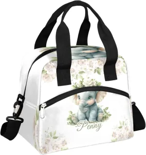 Elephant Flower Custom Lunch Bag with Name Personalized Insulated Lunch Box with Adjustable Shoulder Strap Customized Reusable Adult Cooler Lunch Tote Bag for Men Women Work Office Picnic