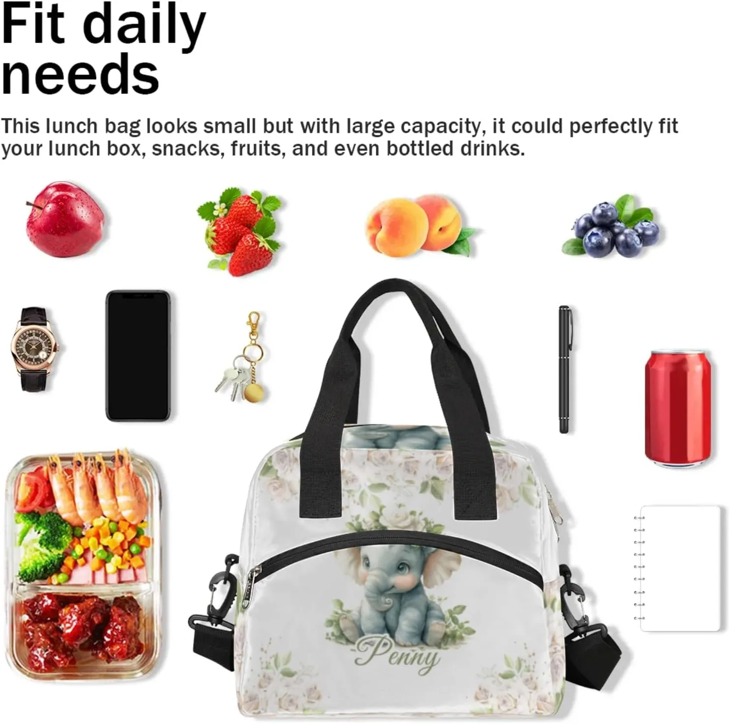 Elephant Flower Custom Lunch Bag with Name Personalized Insulated Lunch Box with Adjustable Shoulder Strap Customized Reusable Adult Cooler Lunch Tote Bag for Men Women Work Office Picnic