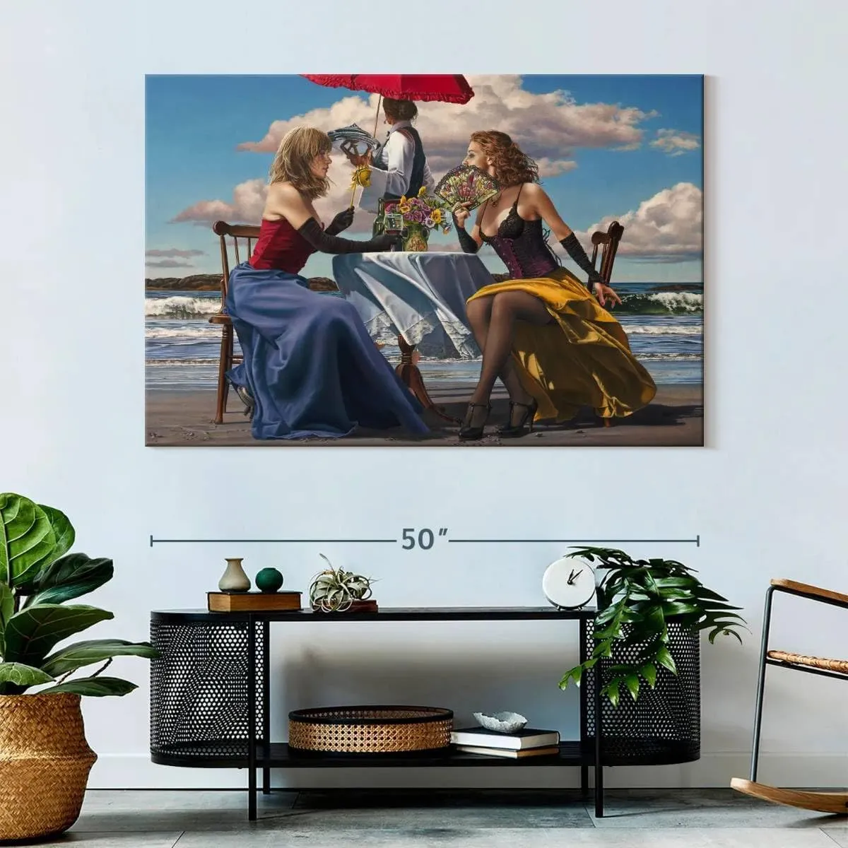Elephant Stock - Cafe Oceanus Wall Art - Horizontal Canvas Wall Art - Living Room Wall Decor - Painting People Canvas Art - Gray And Brown Decor by Paul Kelley - 51" x 34"