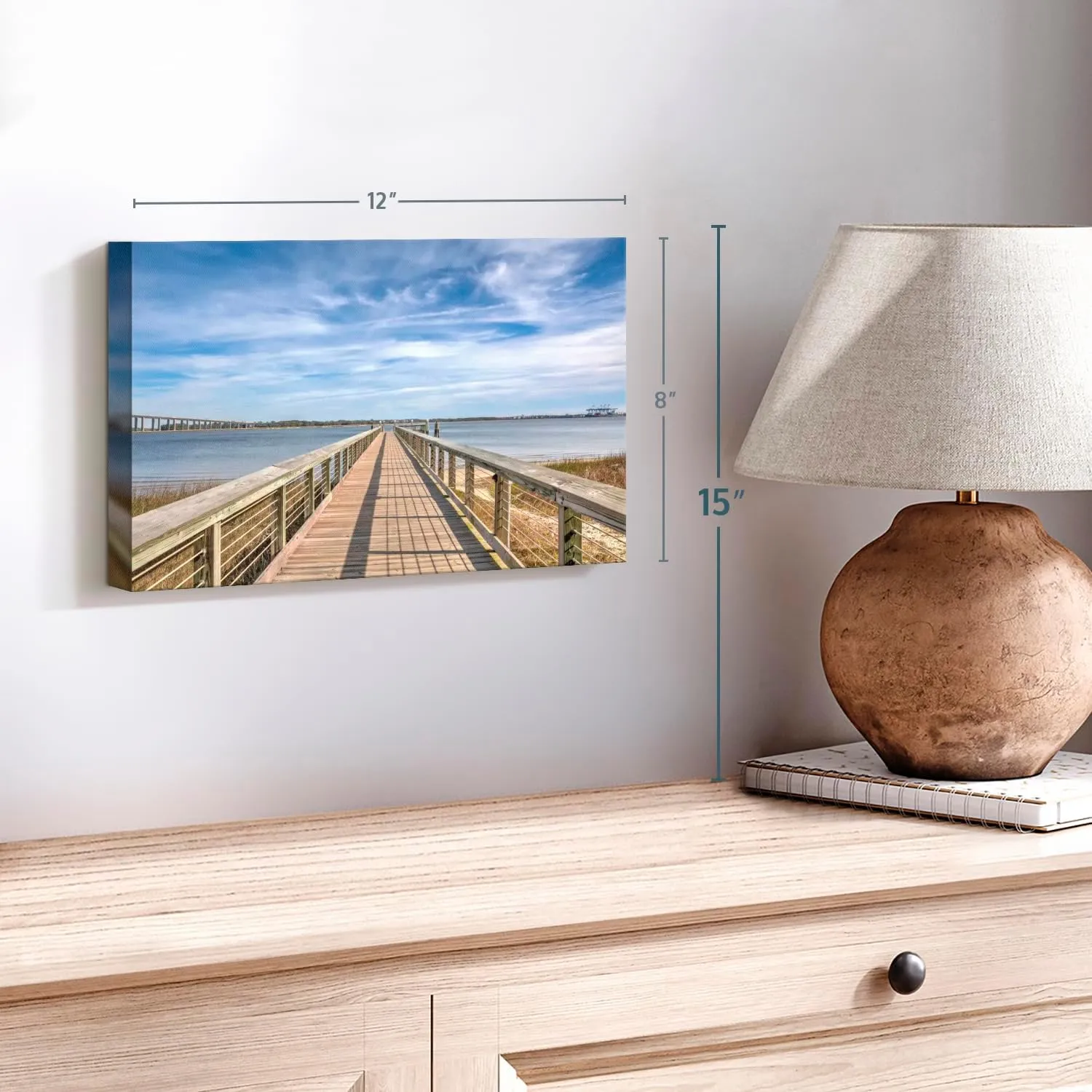 Elephant Stock Daniel Island Pier Wall Art - Horizontal Wrapped Canvas - 1-Piece Living Room Wall Decor - Photography Nautical Canvas Print - Blue and Gray Decor for Wall - 12" X 8"