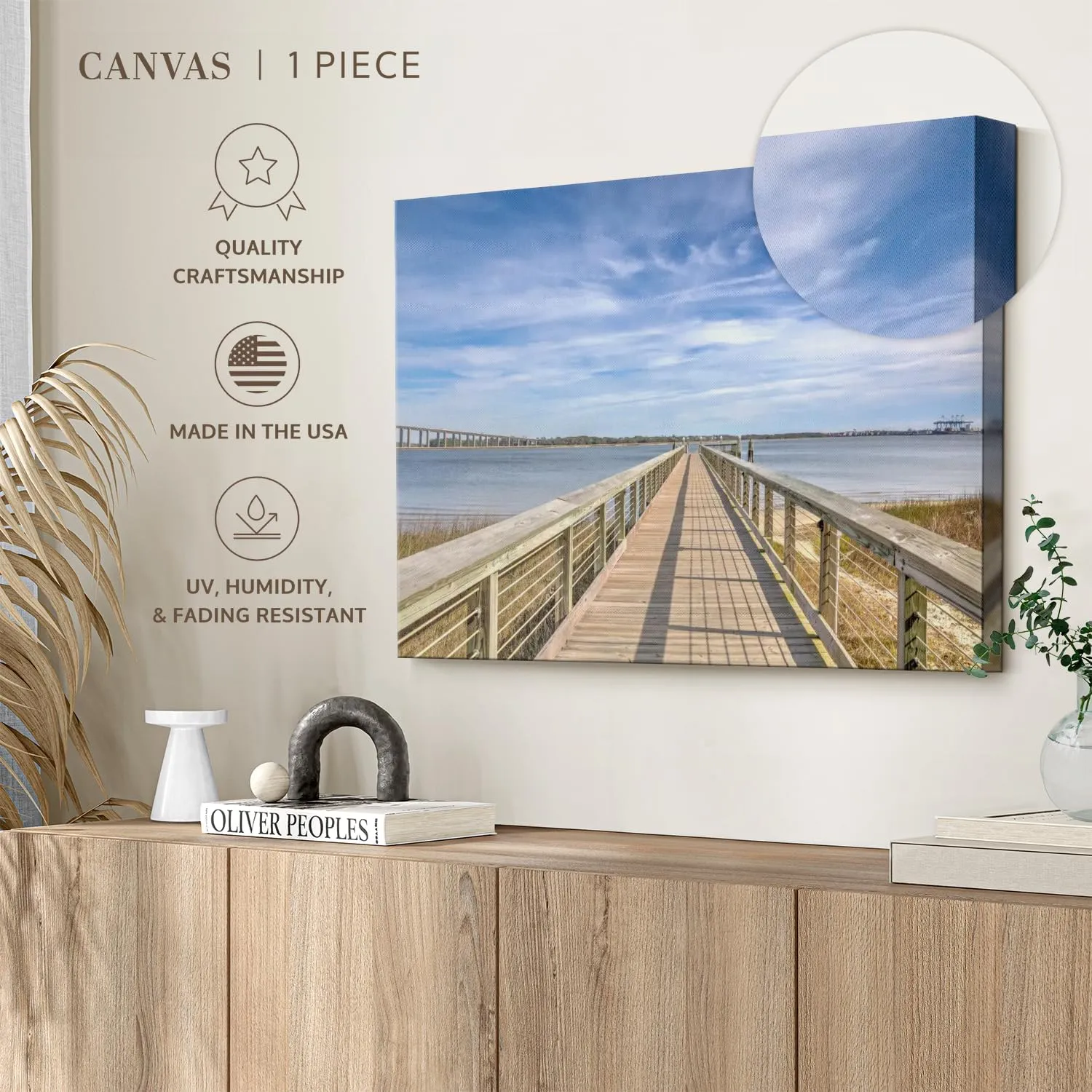 Elephant Stock Daniel Island Pier Wall Art - Horizontal Wrapped Canvas - 1-Piece Living Room Wall Decor - Photography Nautical Canvas Print - Blue and Gray Decor for Wall - 12" X 8"