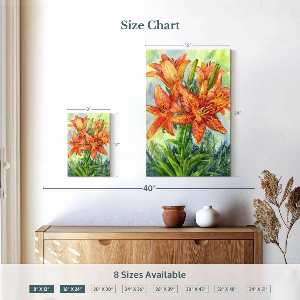 Elephant Stock - Tiger Lily Wall Art - Vertical Canvas Wall Art - Living Room Wall Decor - Painting Floral And Botanical Canvas Art - Blue And Green Decor - 8" x 12"