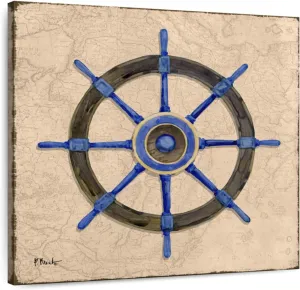 ElephantStock - Skipper Sail I Wall Art - Square Canvas Wall Art - Living Room Wall Decor - Watercolor Ship Wheel Canvas Art - Beige And Brown Decor by Paul Brent - 33" x 33"