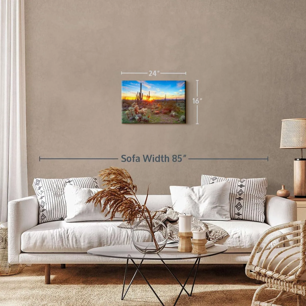 ElephantStock Sonoran Desert Sunset Landscape Canvas - 1 Panel Sunset Wall Decor - Beige-Orange Wall Canvas - Scenic Sunsets Photography Wall Art for Living Room - 24" X 16"