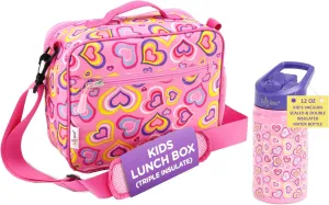 Emily Rose Kid's School Lunch Supplies Value Bundle - 11.5" Pink Lunch Box with Removable Strap & Matching Vacuum Sealed Insulated 12oz Reusable Travel Sports Water Bottle | Kids 5-12 (Playful Hearts)