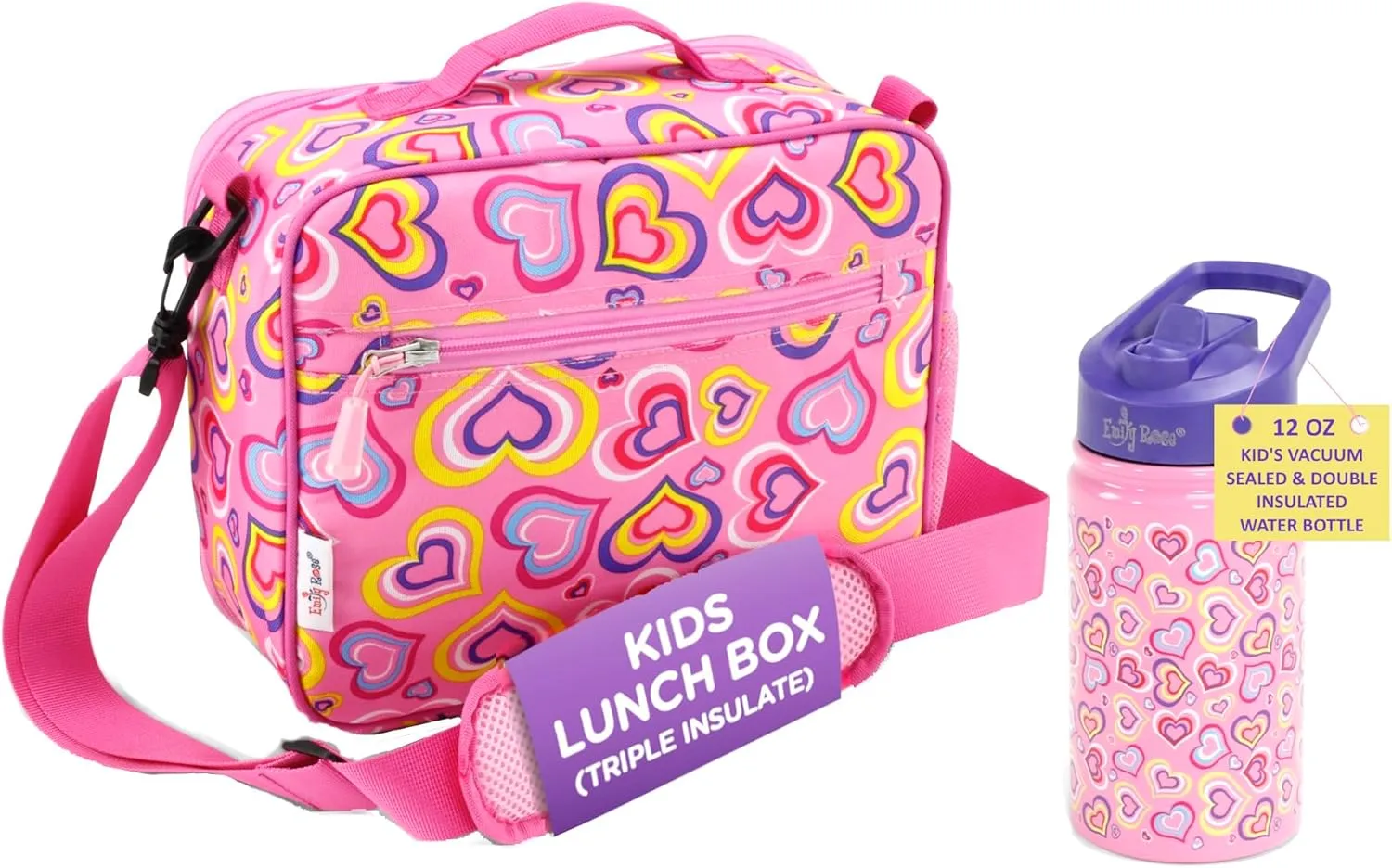 Emily Rose Kid's School Lunch Supplies Value Bundle - 11.5" Pink Lunch Box with Removable Strap & Matching Vacuum Sealed Insulated 12oz Reusable Travel Sports Water Bottle | Kids 5-12 (Playful Hearts)
