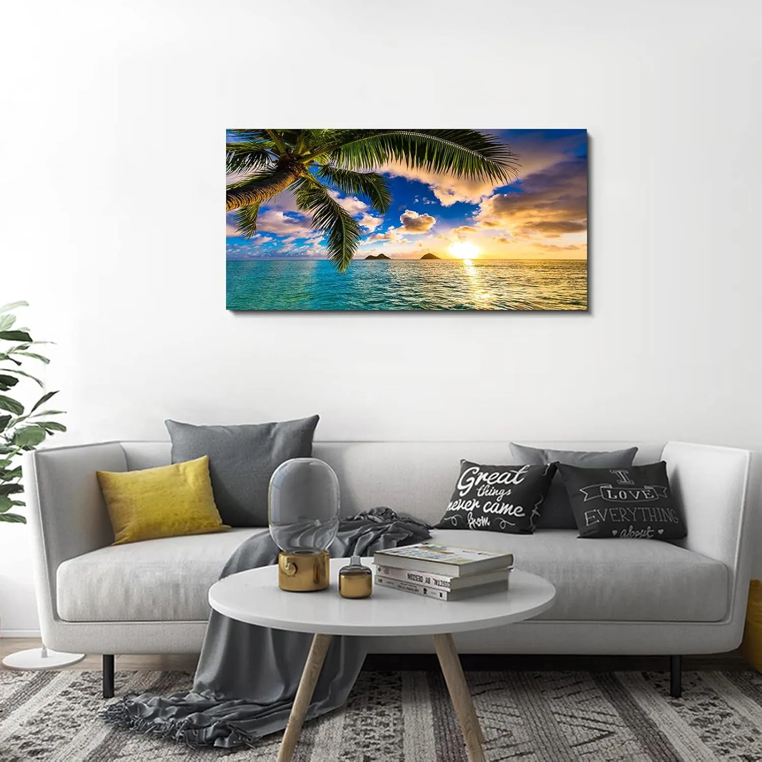 EPHANY Ocean Beach Palm Wall Art Art - 1 Pieces Canvas Wall Art Sunset See Tree Landscape Canvas Paintings Posters Print on Canvas Stretched and Framed Ready To Hang (B-1pcs,20x40inchx1pcs)