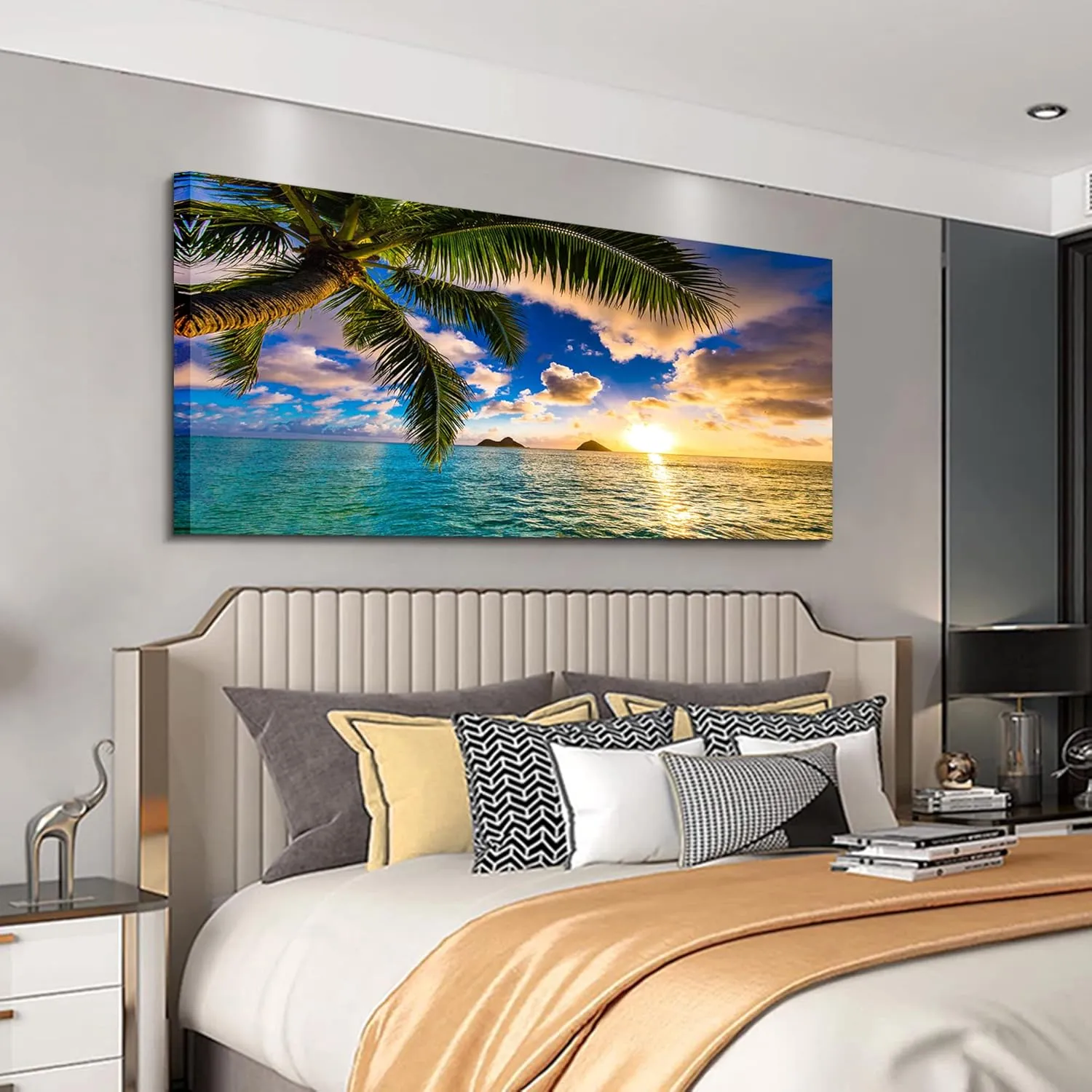 EPHANY Ocean Beach Palm Wall Art Art - 1 Pieces Canvas Wall Art Sunset See Tree Landscape Canvas Paintings Posters Print on Canvas Stretched and Framed Ready To Hang (B-1pcs,20x40inchx1pcs)