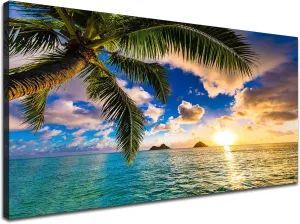 EPHANY Ocean Beach Palm Wall Art Art - 1 Pieces Canvas Wall Art Sunset See Tree Landscape Canvas Paintings Posters Print on Canvas Stretched and Framed Ready To Hang (B-1pcs,20x40inchx1pcs)