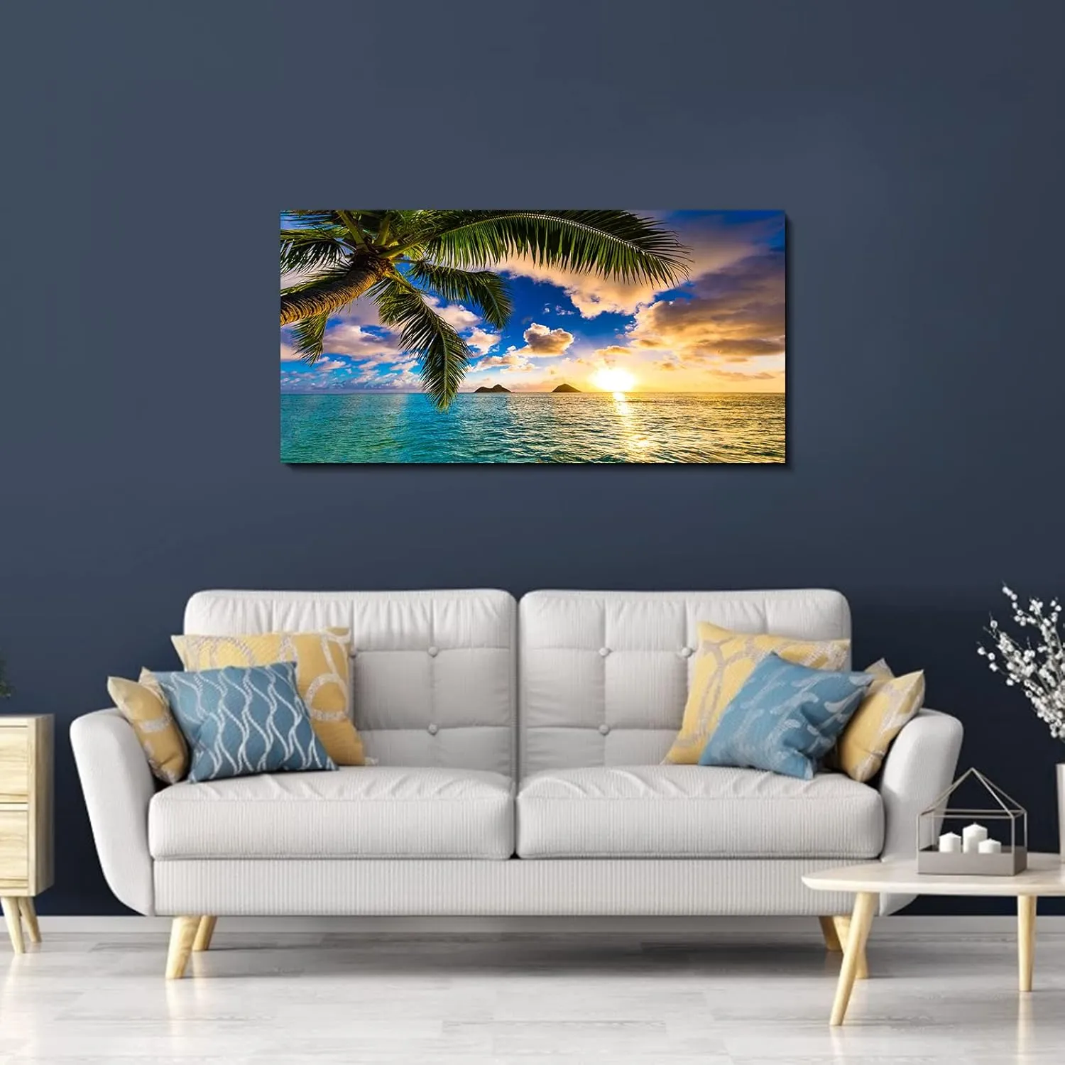 EPHANY Ocean Beach Palm Wall Art Art - 1 Pieces Canvas Wall Art Sunset See Tree Landscape Canvas Paintings Posters Print on Canvas Stretched and Framed Ready To Hang (B-1pcs,20x40inchx1pcs)