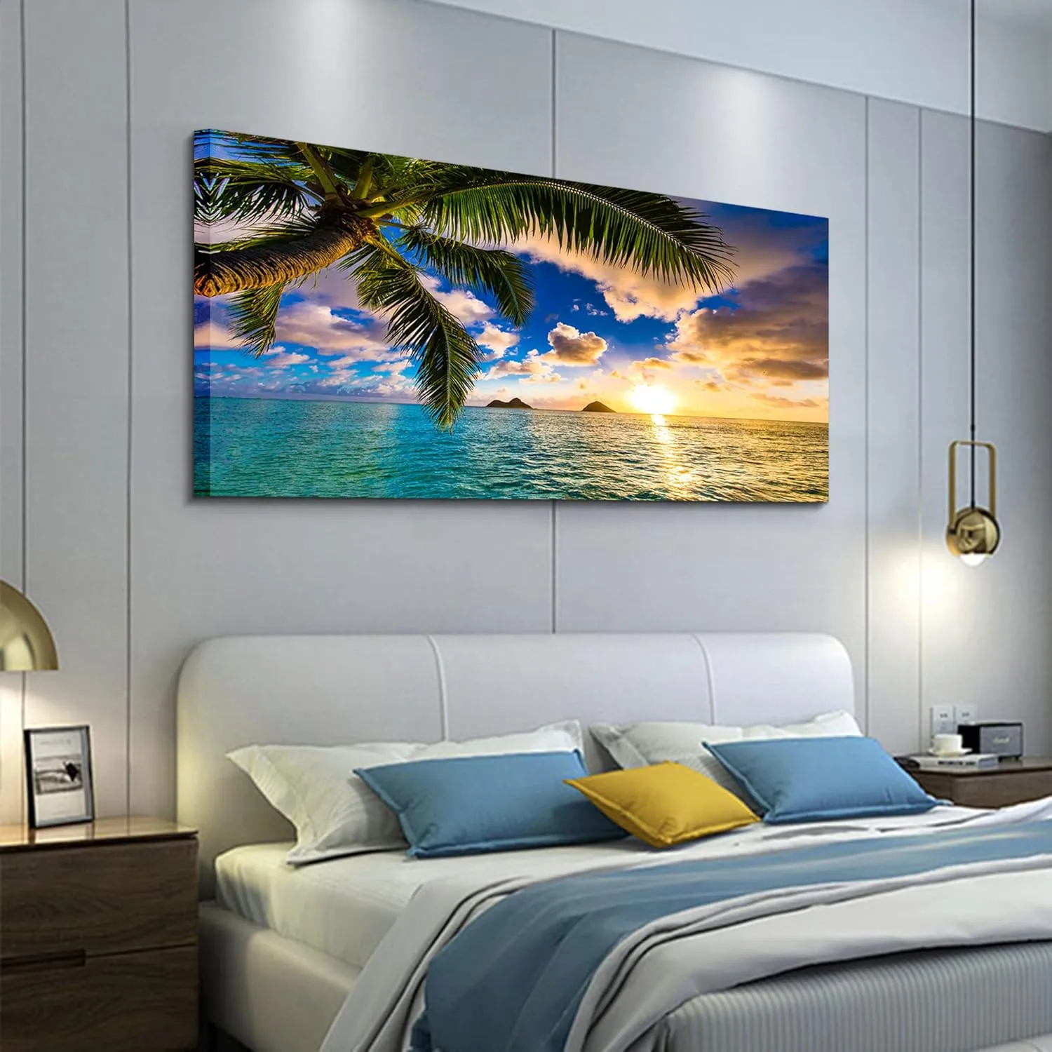 EPHANY Ocean Beach Palm Wall Art Art - 1 Pieces Canvas Wall Art Sunset See Tree Landscape Canvas Paintings Posters Print on Canvas Stretched and Framed Ready To Hang (B-1pcs,20x40inchx1pcs)