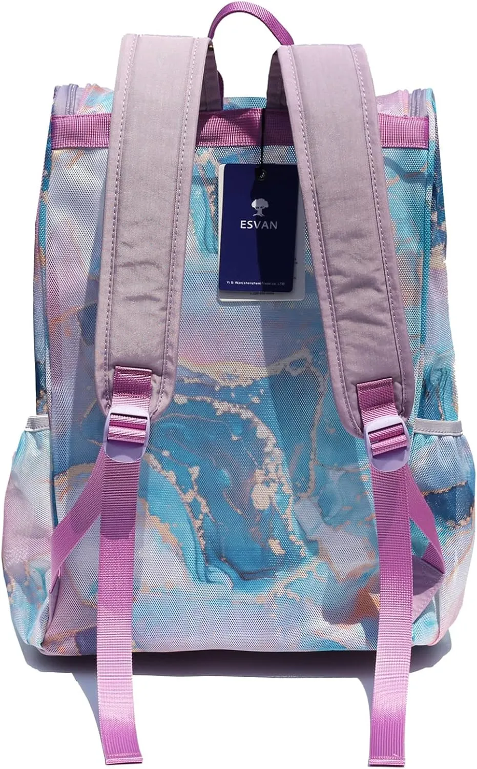 ESVAN Original Print Mesh Backpack Clear Bag See through Pack for Travel Beach Gym Multi-Purpose Women Men (C)